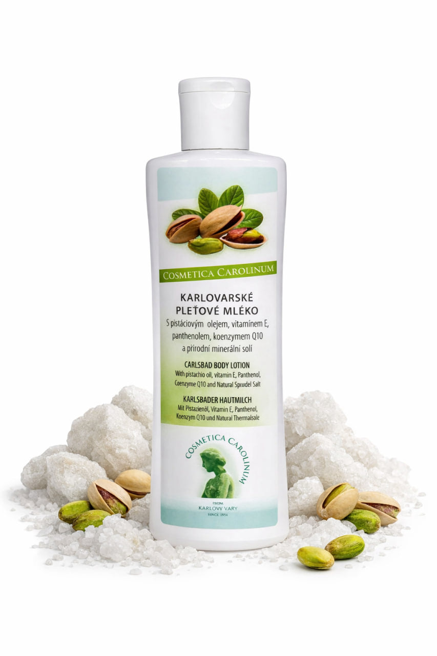Karlovarské pleťové mléko s pistáciovým olejem | Hydratační lázeňská péče o pleť s koenzymem Q10 – 200 ml