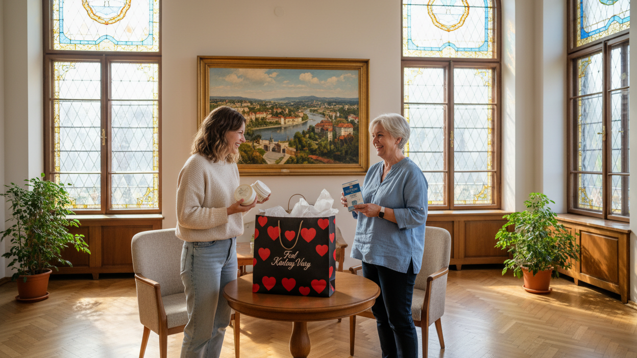 Большая светлая гостинная, с большими витражными окнами, девушка лет 30 и женщина лет 55 стоят возле столика, и разбирают большой черный бумажный пакет с покупками, на пакете надпись Feel Karlovv Vary и патерн на пакете из красных сердец. Девушка в руках держит 2 крема, а женщина упаковку карловарской питьевой соли, в хорошем настроении. в гостиннйо на стене висит картина с панорамой города Карловы Вары 