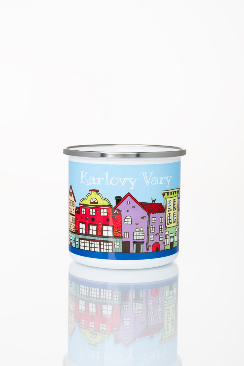 Kovový pohár s motivem lázeňského města Karlovy Vary (světle modrý)
