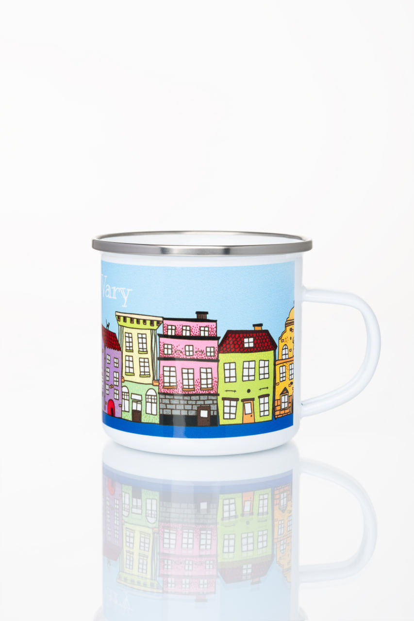 Kovový pohár s motivem lázeňského města Karlovy Vary (světle modrý)