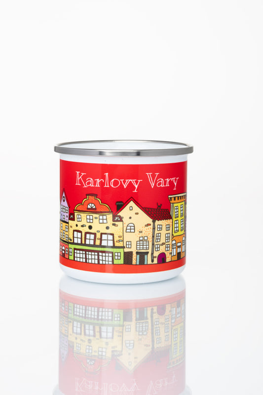 Kovový pohár s motivem lázeňského města Karlovy Vary (červený)