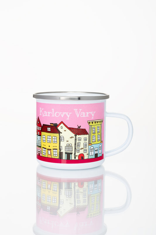 Kovový pohár s motivem lázeňského města Karlovy Vary (růžový)