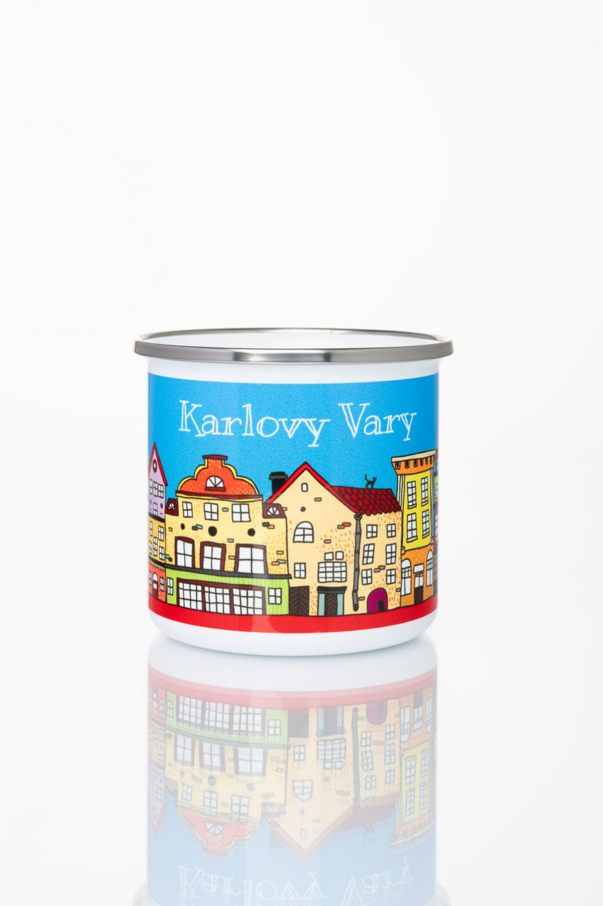 Kovový pohár s motivem lázeňského města Karlovy Vary (modrý)