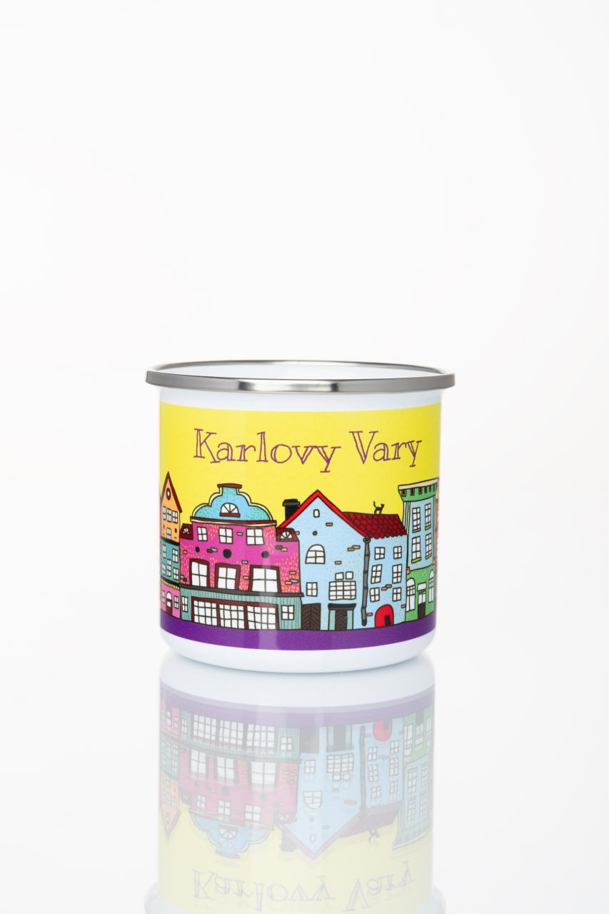 Kovový pohár s motivem lázeňského města Karlovy Vary (žlutý)