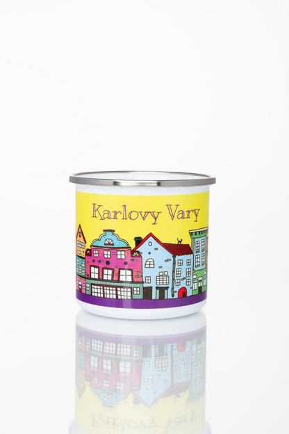 Kovový pohár s motivem lázeňského města Karlovy Vary (žlutý)