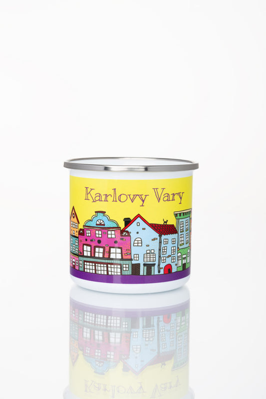 Kovový pohár s motivem lázeňského města Karlovy Vary (žlutý)