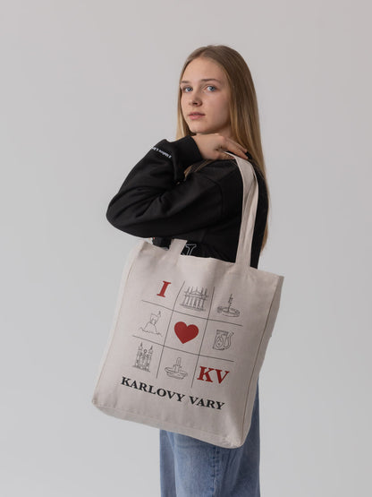 Velká lněná nákupní taška „I Love KV“ | Ekologická taška Karlovy Vary 