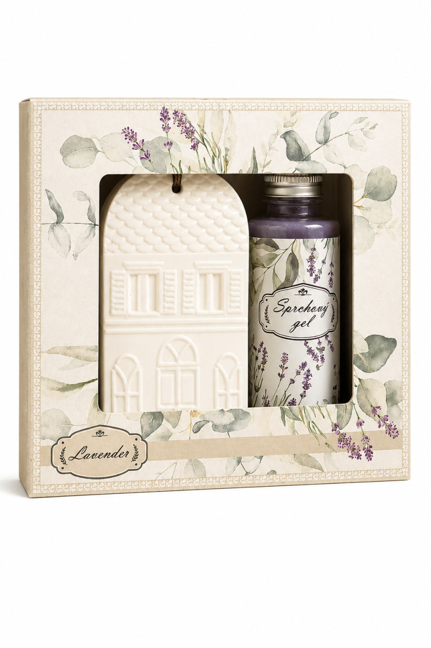 Lavendel Geschenkset – Duschgel 50 ml & Keramik-Dufthaus