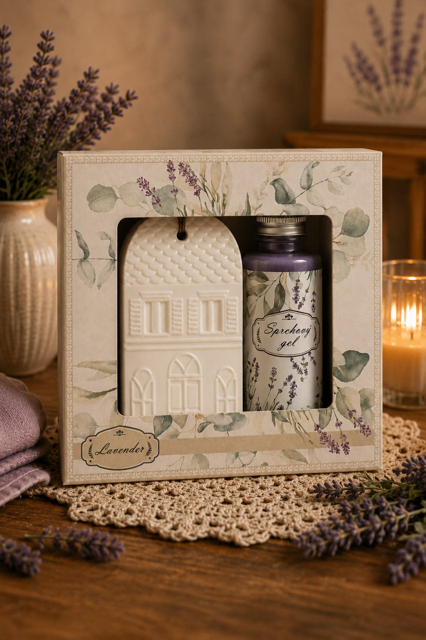 Lavendel Geschenkset – Duschgel 50 ml & Keramik-Dufthaus