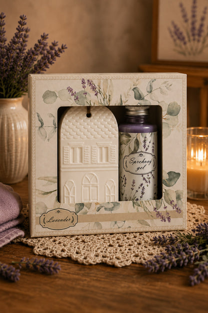 Lavendel Geschenkset – Duschgel 50 ml & Keramik-Dufthaus