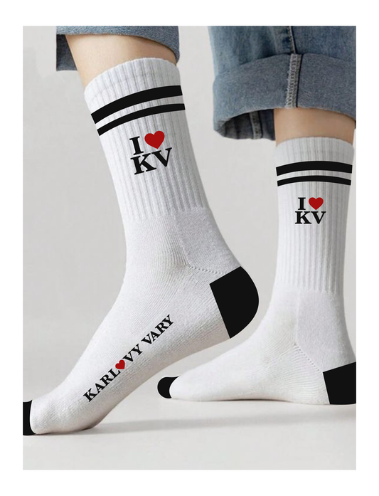 I ❤️ KV ponožky | Bílé sportovní ponožky inspirované Karlovými Vary